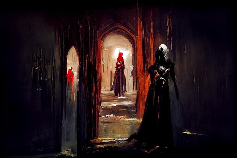 Red Hooded Figure in Ominous Hallway, Gothic Art