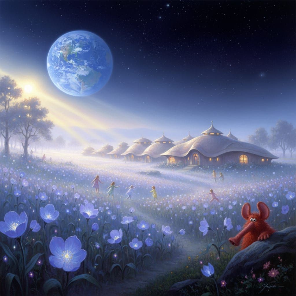 Ethereal Moon Habitat with Glowing Flowers