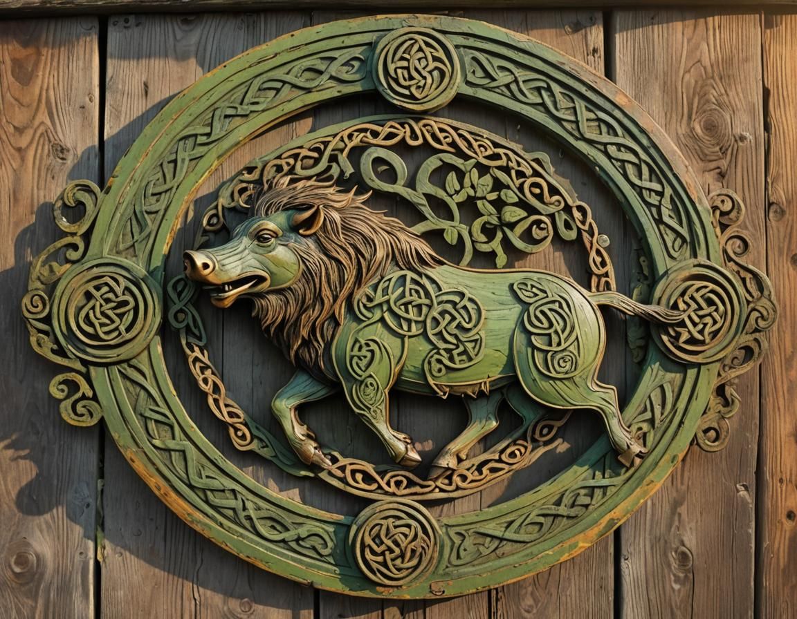 Celtic Boar Tavern Sign in Folk Art Style