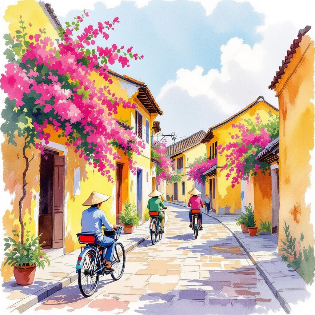 Hoi An Old Town Watercolor Painting in Travel Journal Style
