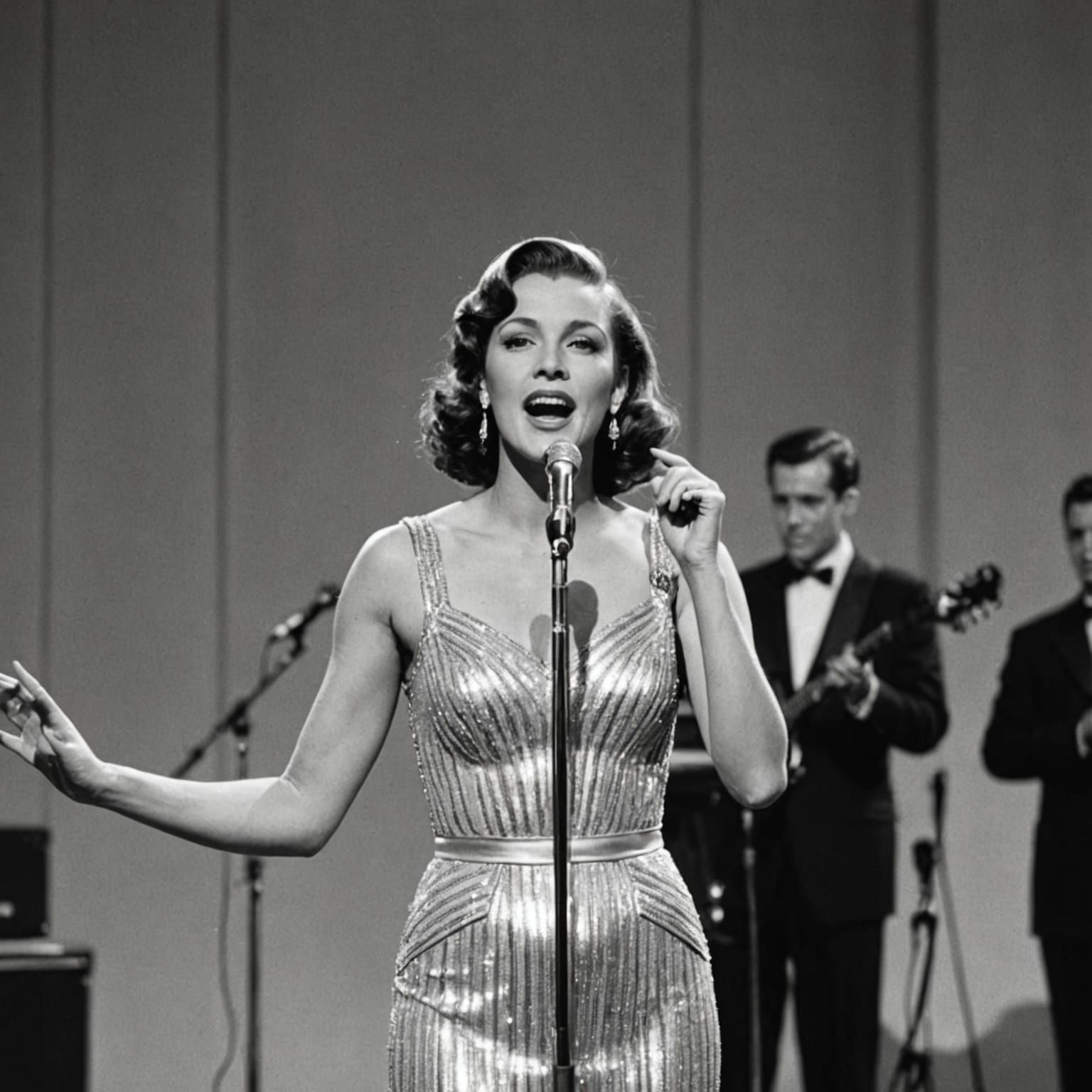 Vintage Singer on White Stage in Silver Dress