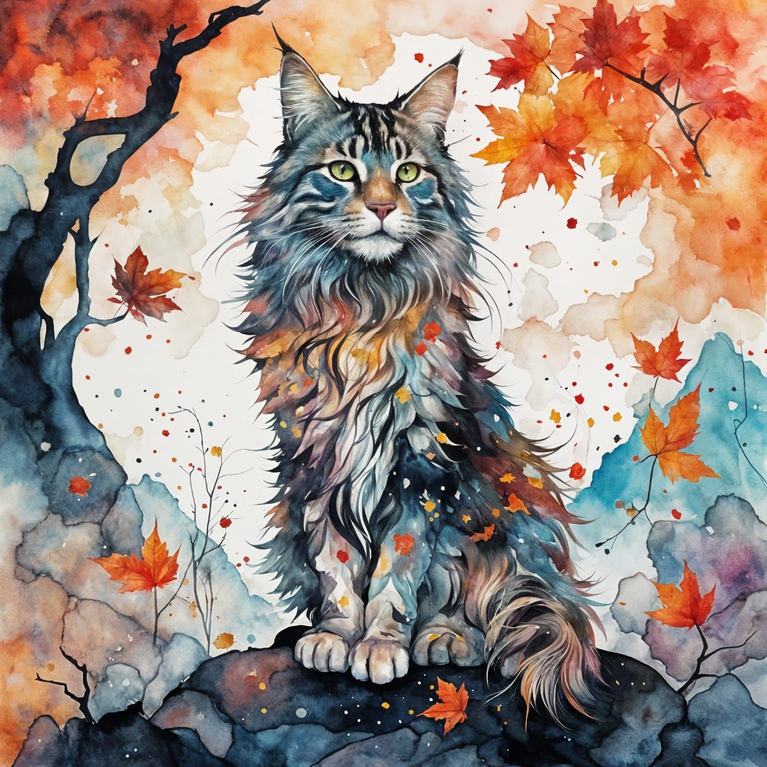 Maine Coon Cat by Maple Tree: Watercolor Painting