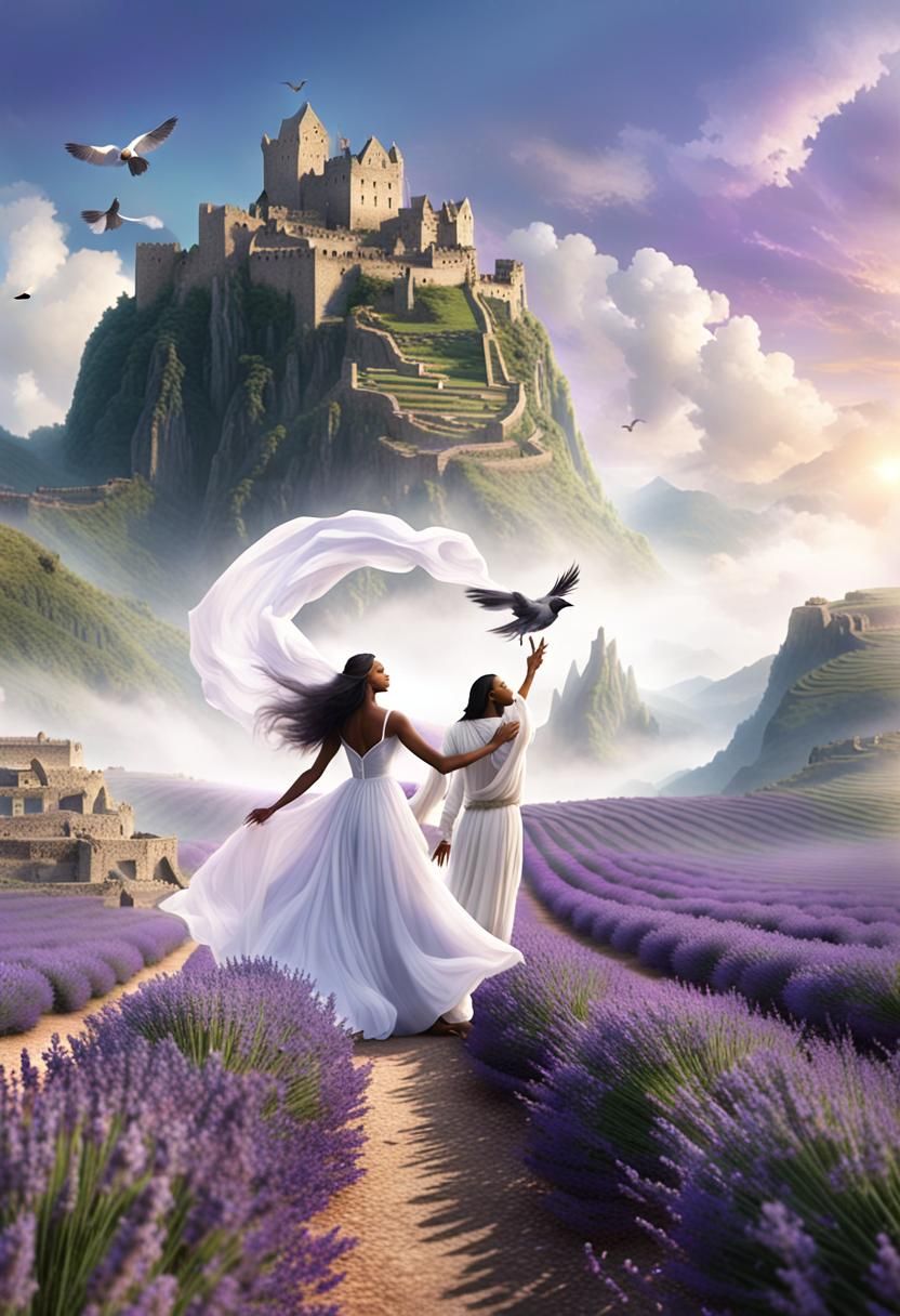 Machu Picchu Fantasy Scene with Woman in White