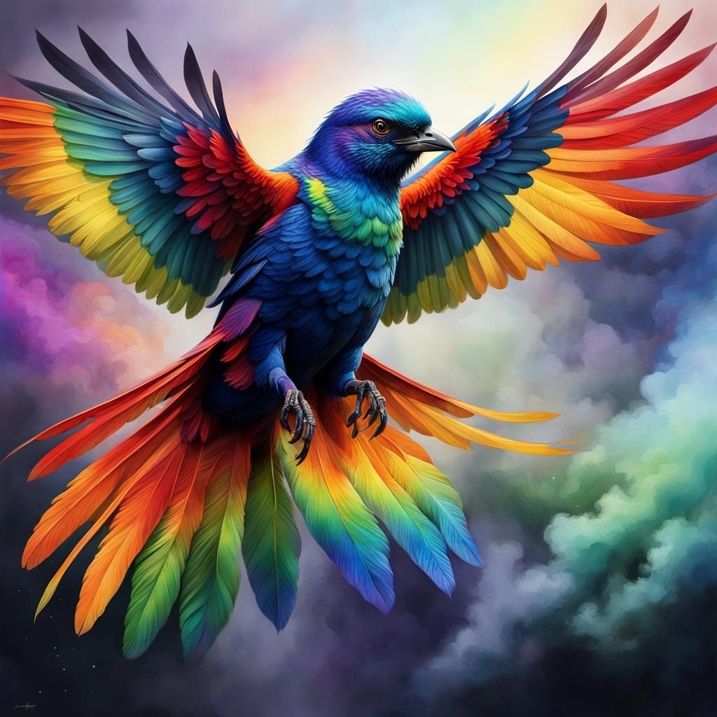 Rainbow Bird in Flight: Watercolor and Ink Style