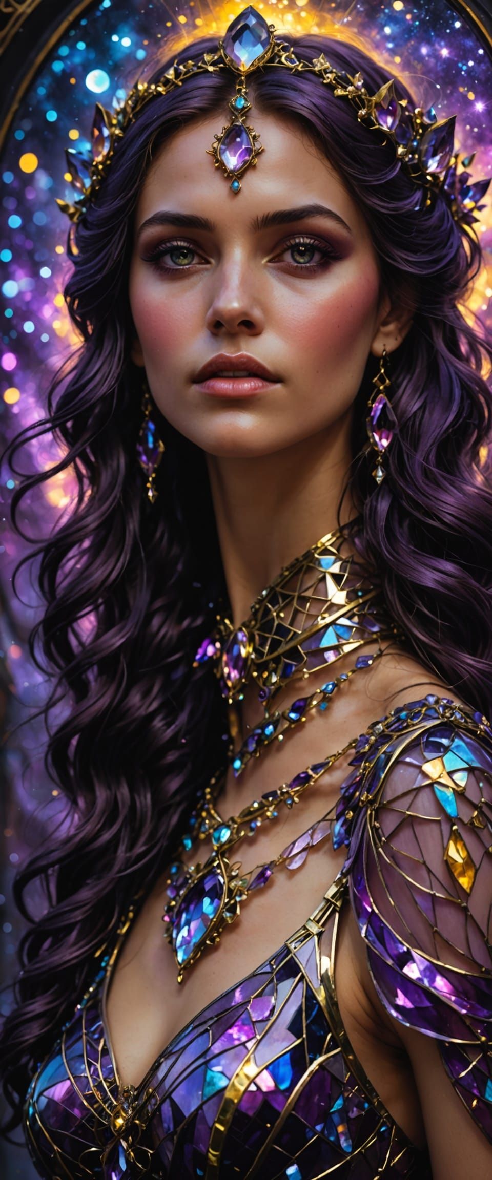 Surreal Portrait of a Woman in a Glass Gown under a Starry N...