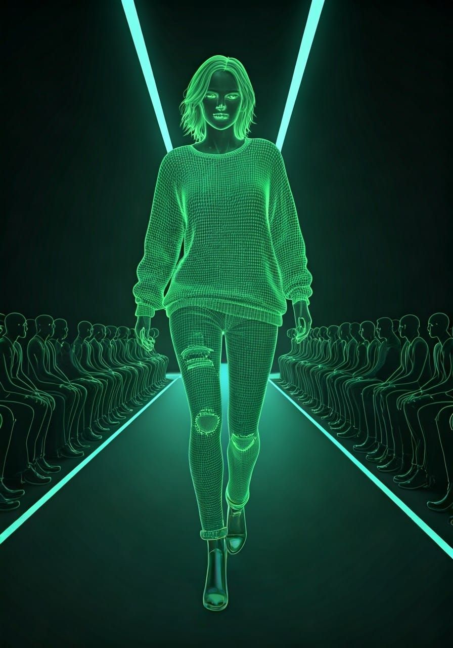 Futuristic Chic Female Model Struts Down Catwalk in Distress...