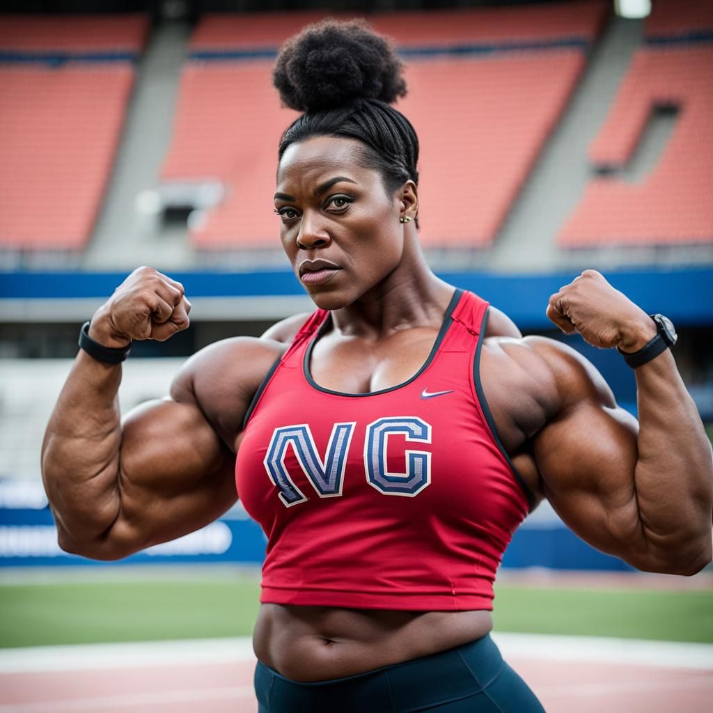 Powerful Shot Putter Flexing Biceps in Stadium
