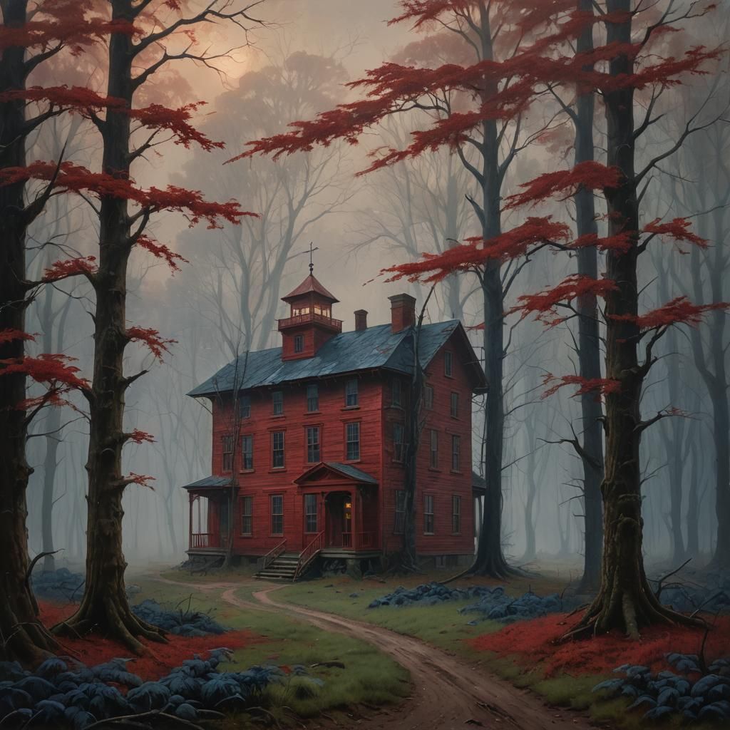 Haunting Red Schoolhouse in Misty Forest, Oil Painting
