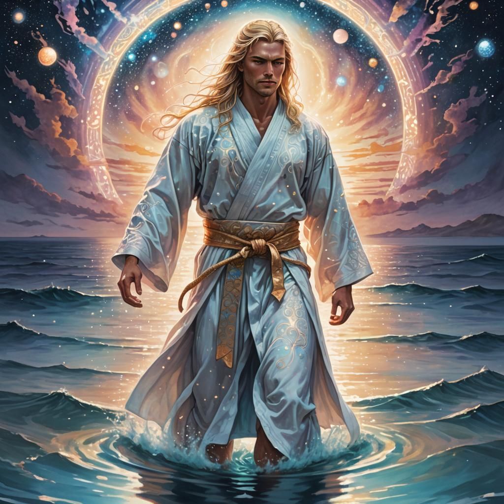 Astral Ninja in Cosmic Waters: Digital Mixed Media