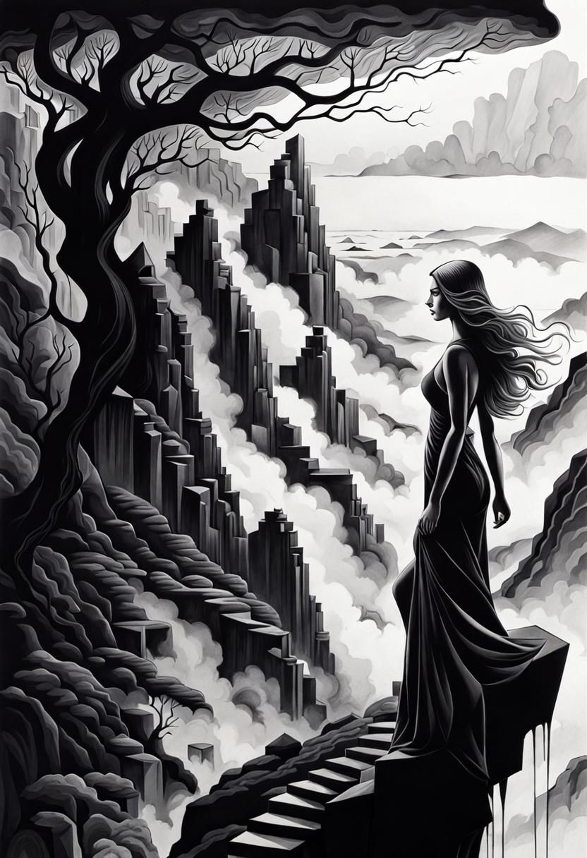 Woman on Cliff in Black Ink Cubist Drawing