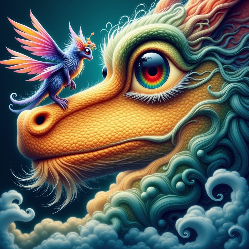Colossal Dragon Snout with Tiny Rainbow Creature, Whimsical ...