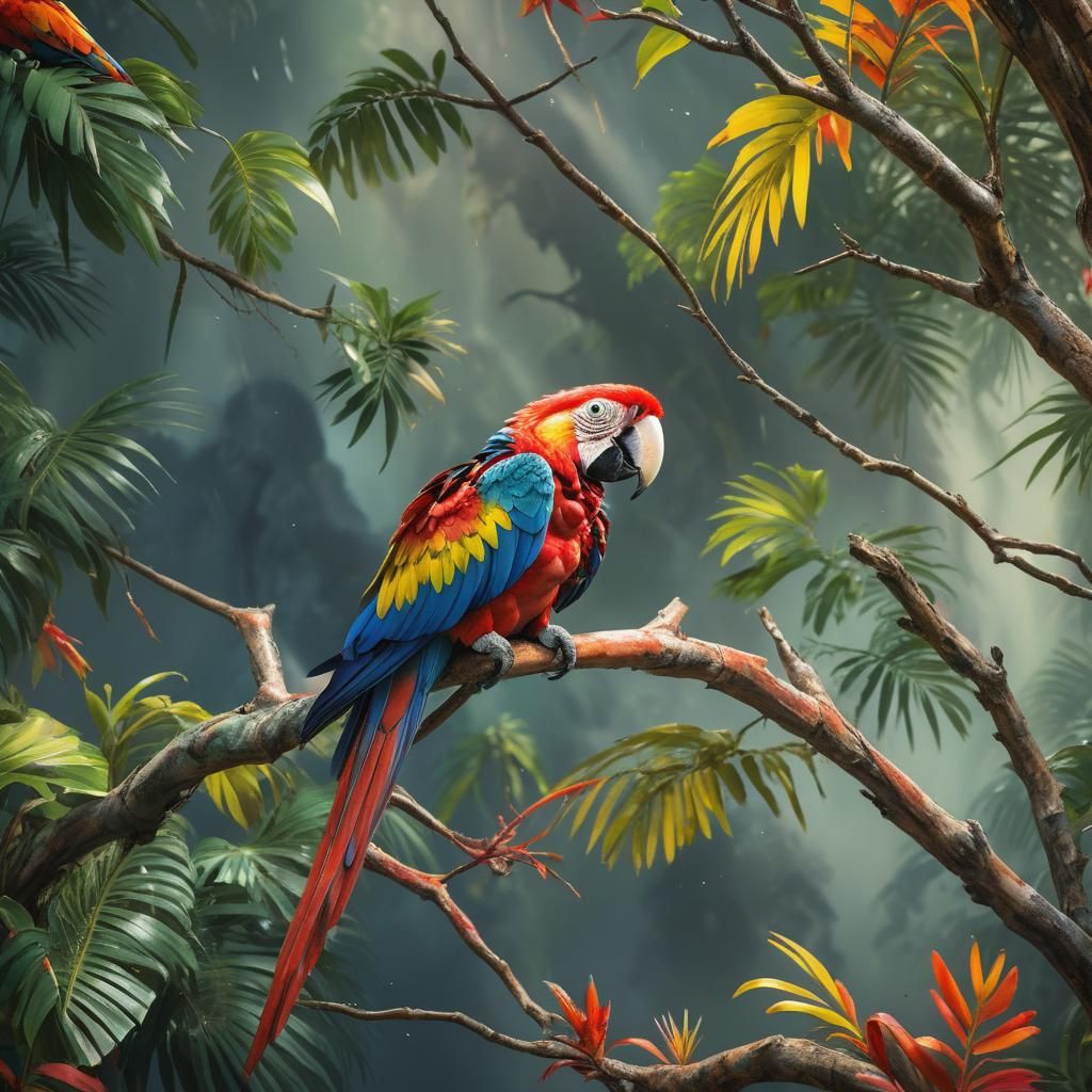 Hyperrealistic Scarlet Macaw on Tree Branch