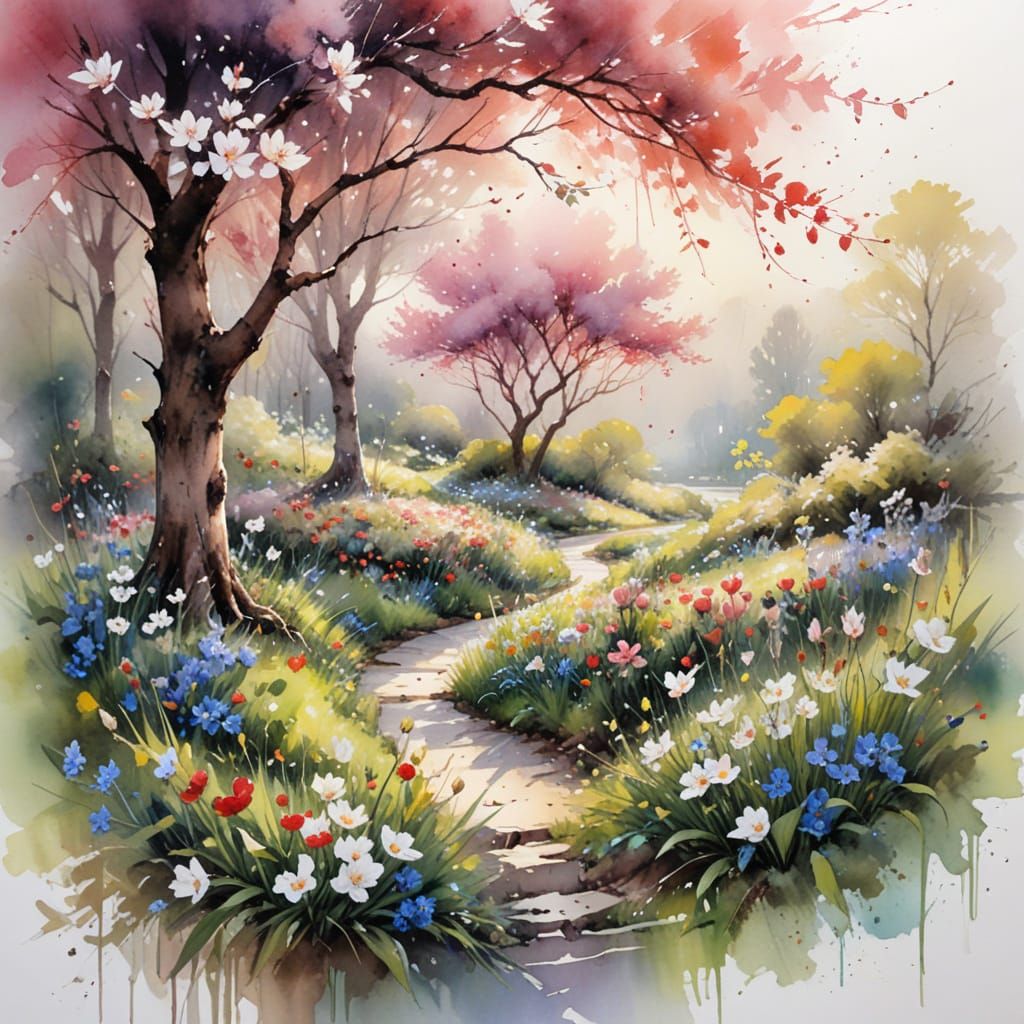 Spring Garden Meeting in Expressive Watercolor Style