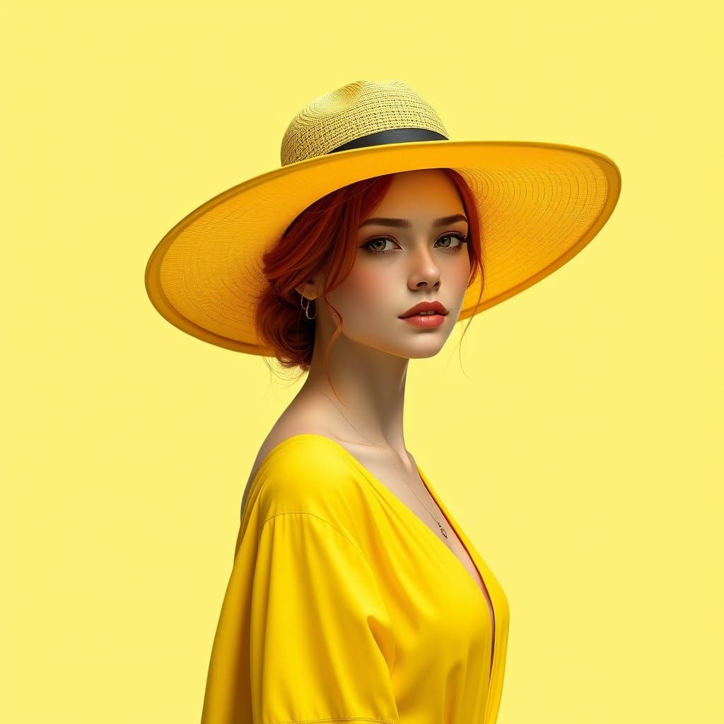 Minimalist Redhead Woman in Yellow Dress and Hat