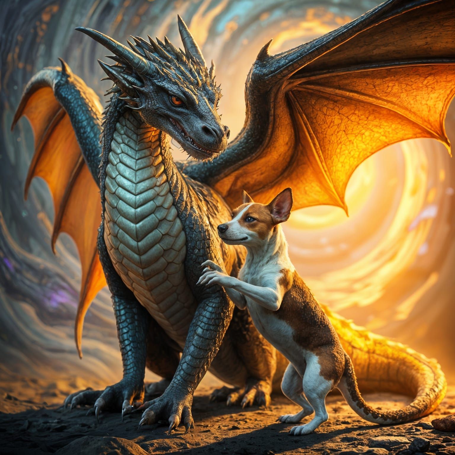 Regal Dragon Beside Furry Jack Russell Companion