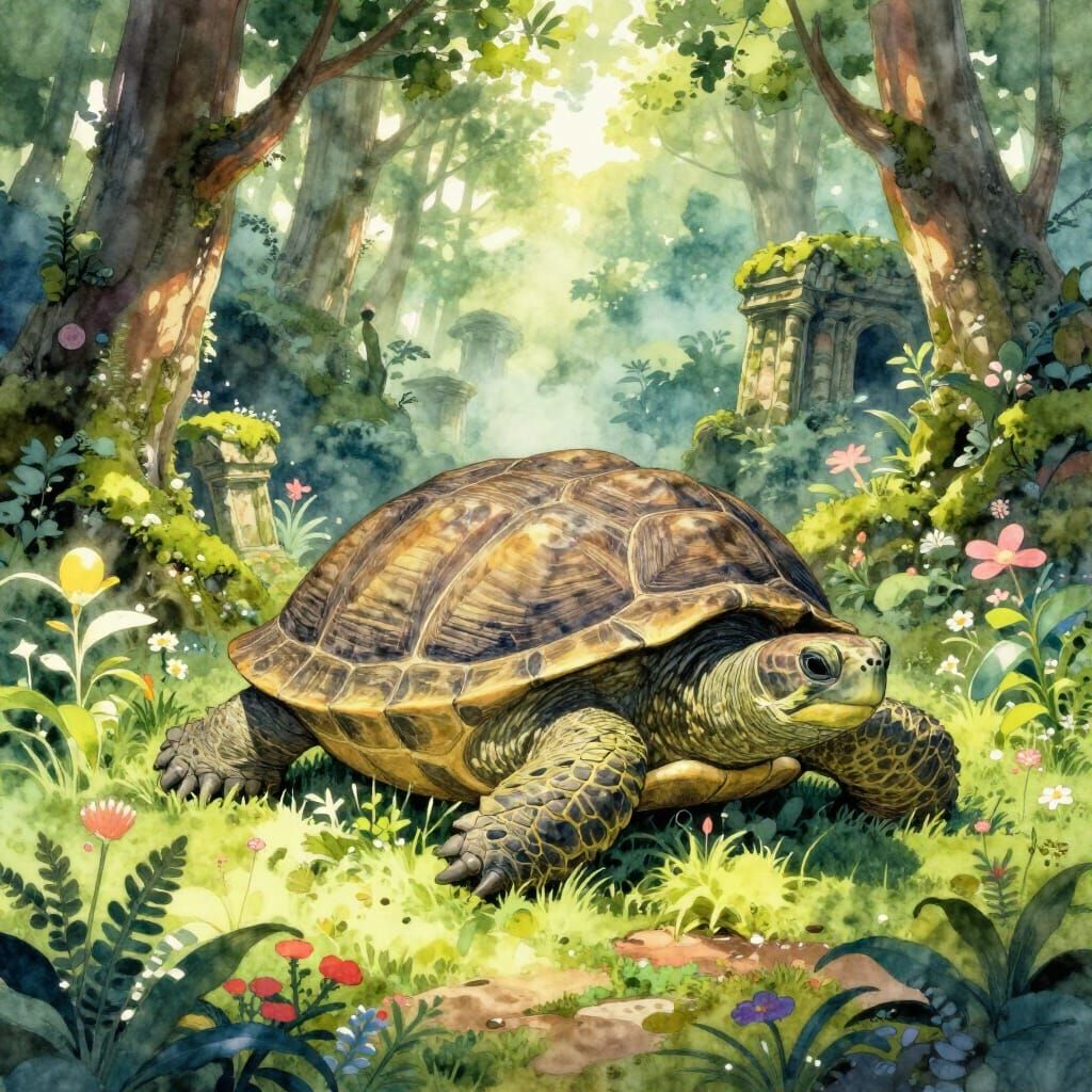 Giant Ancient Turtle in Luminous Grove Digital Watercolor