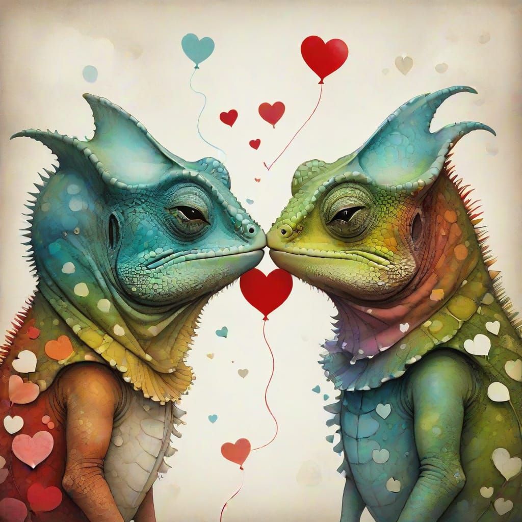 Romantic Chameleon Doodle in Vibrant Abstract Art