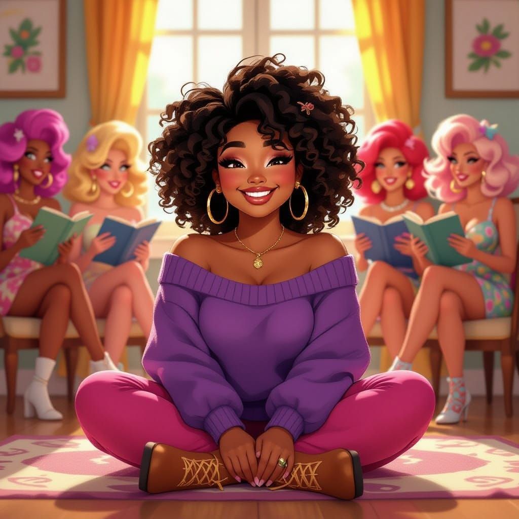 Cheerful Scene with Girl and Drag Queens in Pixar Style