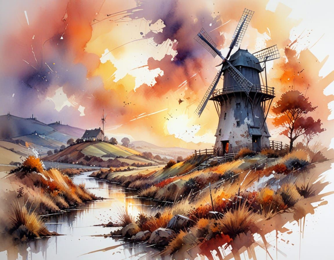 Windmill at Sunset: Expressive Watercolour Painting