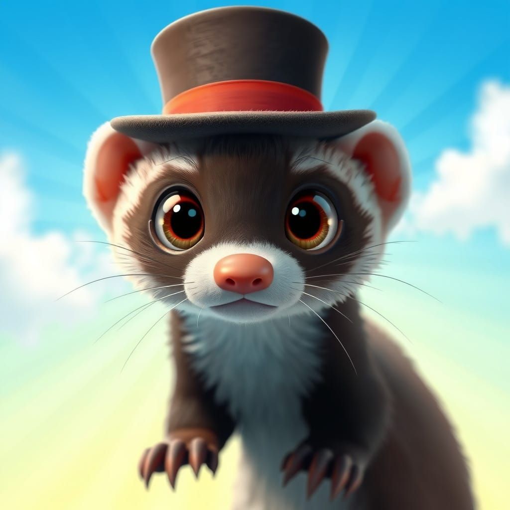 Whimsical 3D Ferret in Top Hat, Rendered in Pixar-Style Digi...