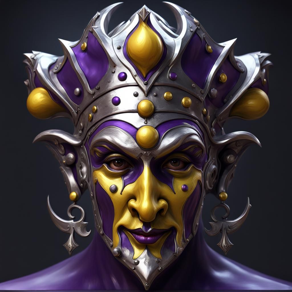 Steel Jester Head with Silver Faces, Dark Fantasy Art