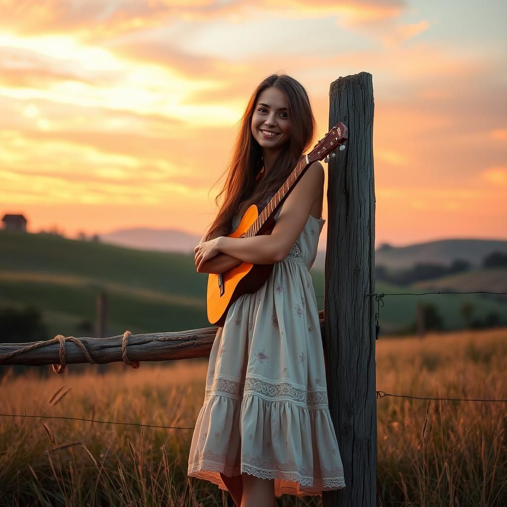 Twilight Countryside Scene with Woman and Guitar