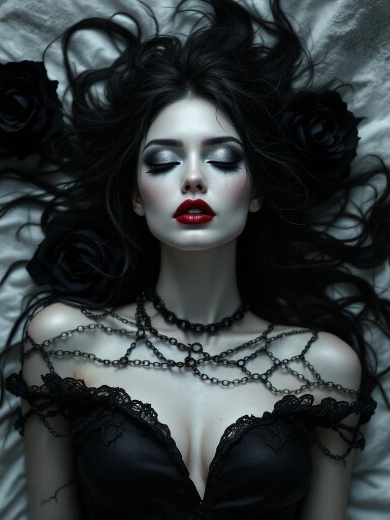 Gothic Muse Adorned in Black Silk and Iron Chains