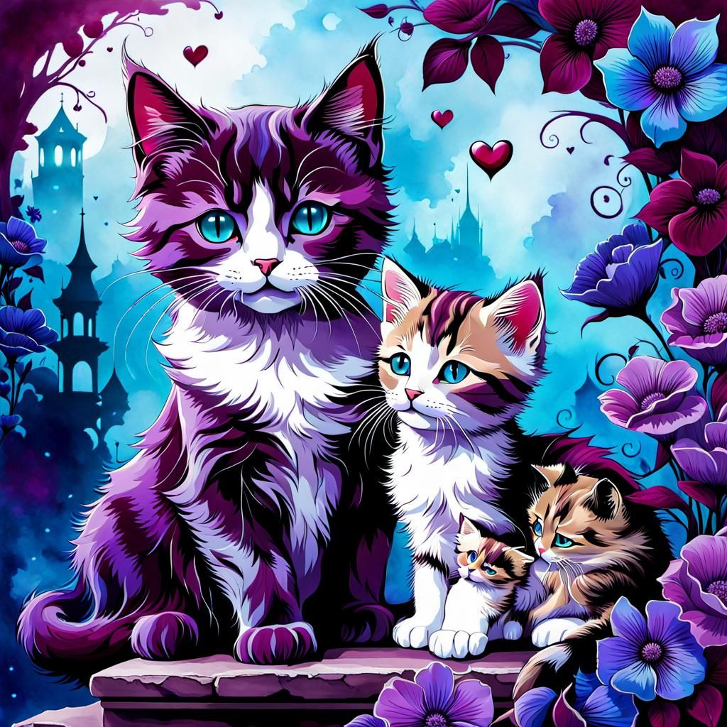 Cat Silhouette with Kitten, Luminous Nature Art