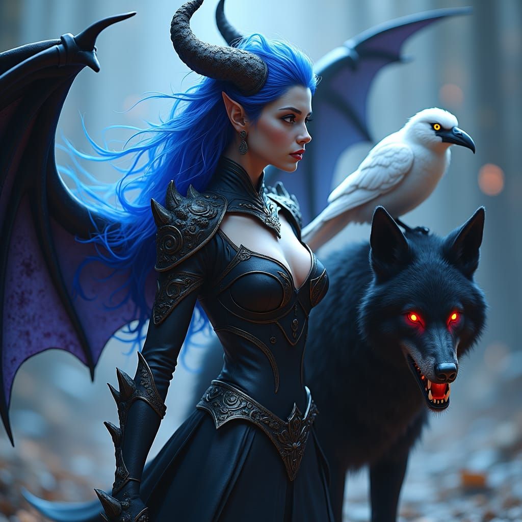 Captivating Demon with Raven and Wolf Companion