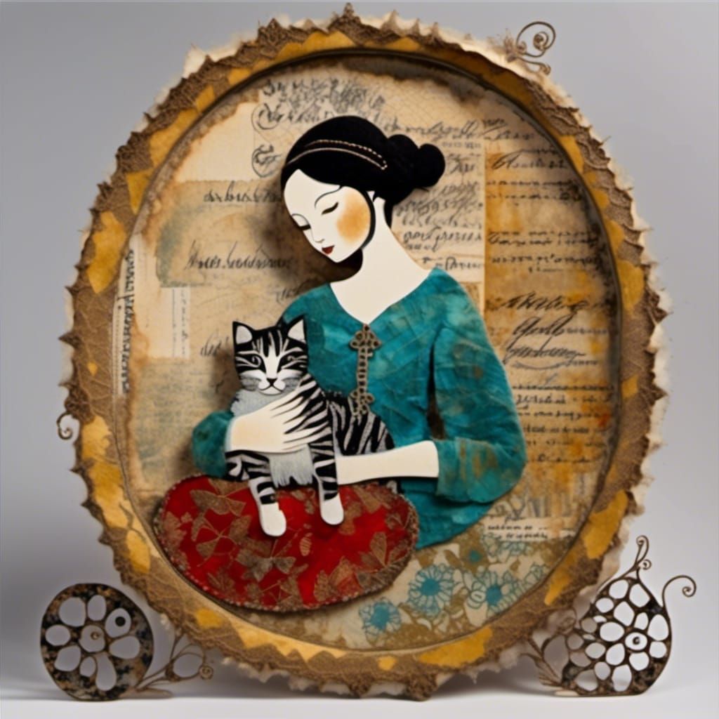 Whimsical Mixed Media Collage of Girl and Kitten
