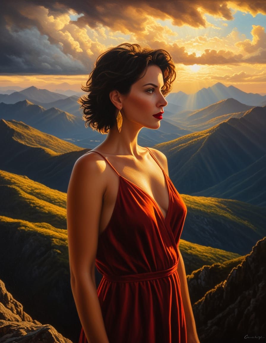 Woman Contemplating Breathtaking Mountain Landscape at Dusk