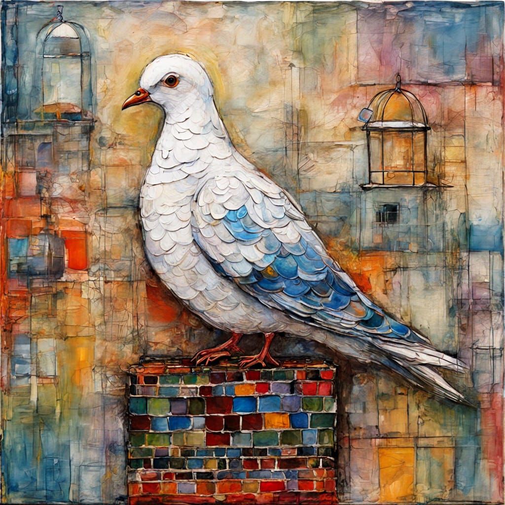 White Dove in Birdcage Encaustic Painting, Naive Art Style