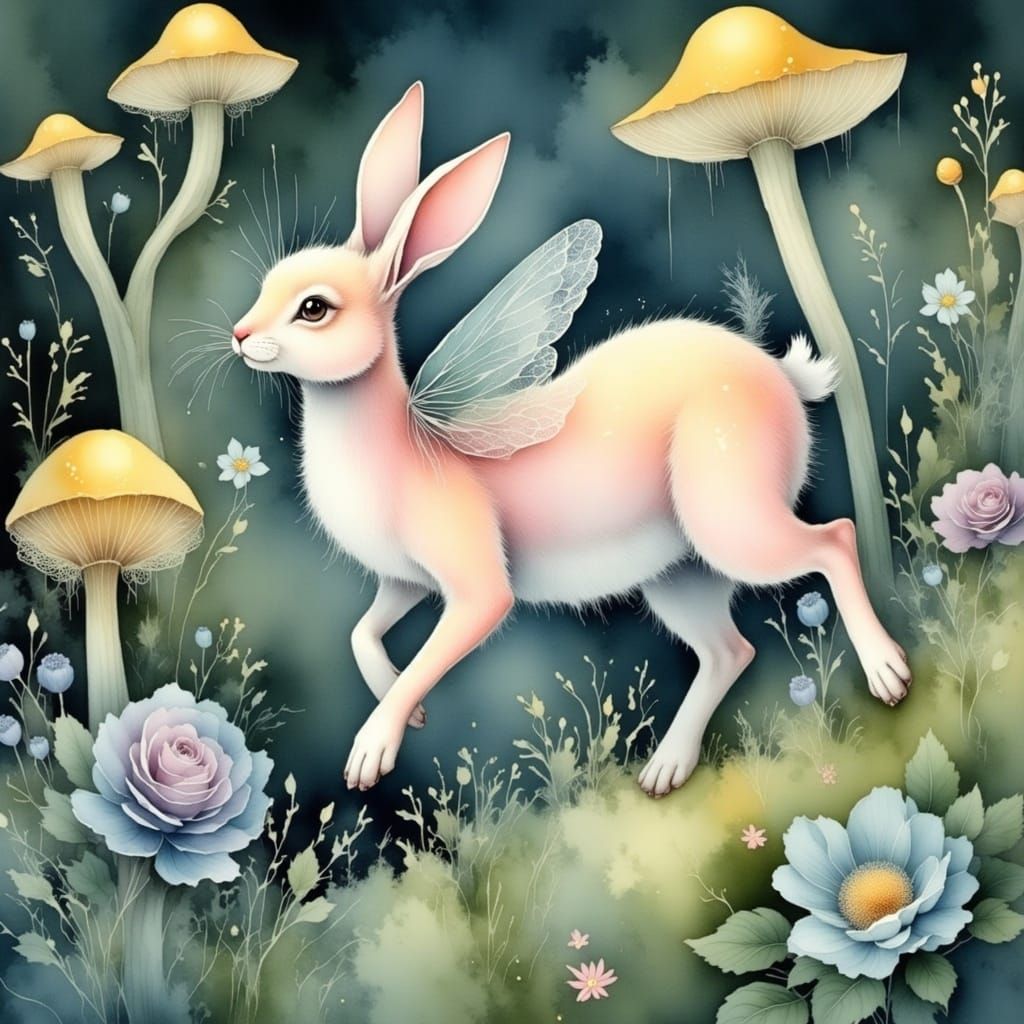 Whimsical Pink Fairy Jackrabbit in Dreamlike Art Nouveau Lan...