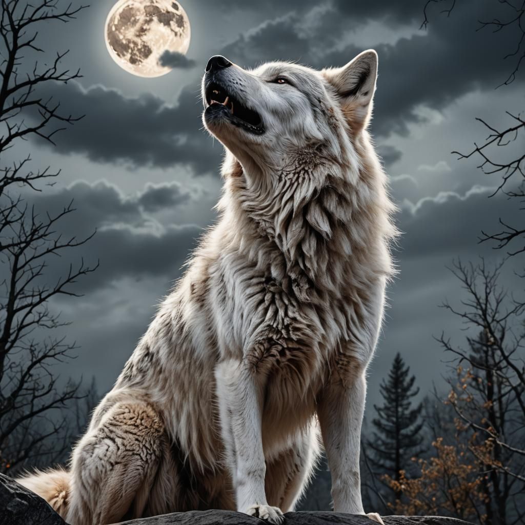 Hyperrealistic White Wolf Howling at Moon