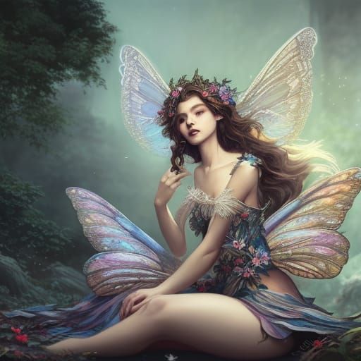 Beautiful Fairy Woman with Stained Glass Wings