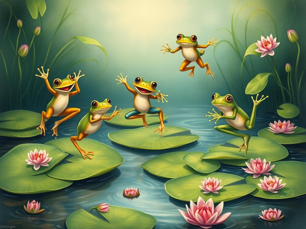 Joyful Frogs Leap in Dreamlike Pond Scene