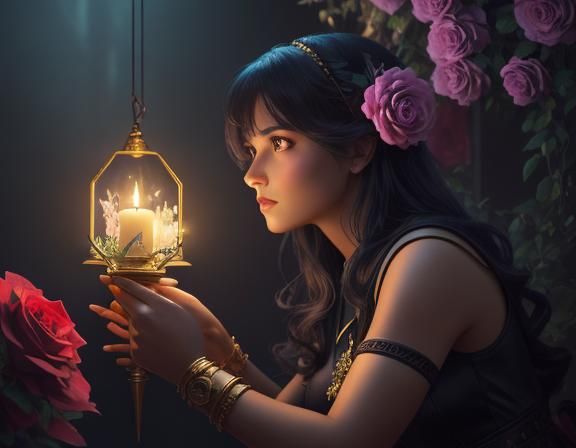 Ethereal Fantasy Woman Surrounded by Flowers and Candles