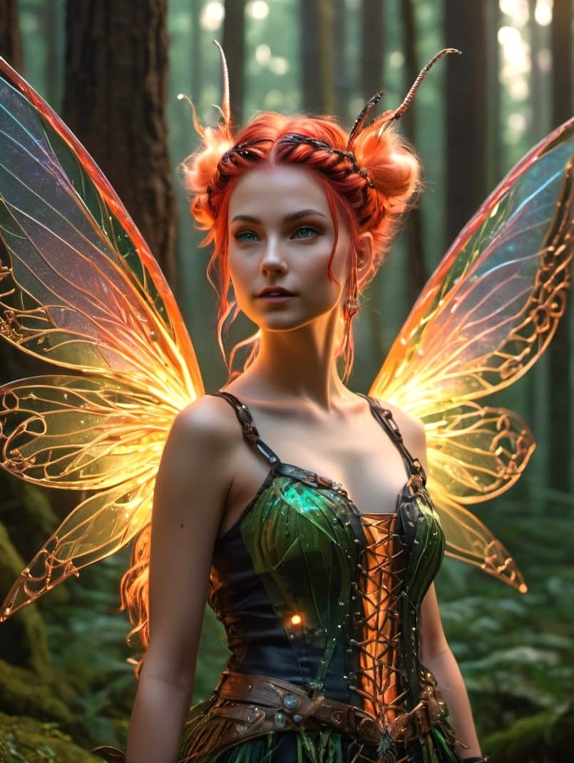 Beautiful Punk Fairy in Magical Forest, Digital Art