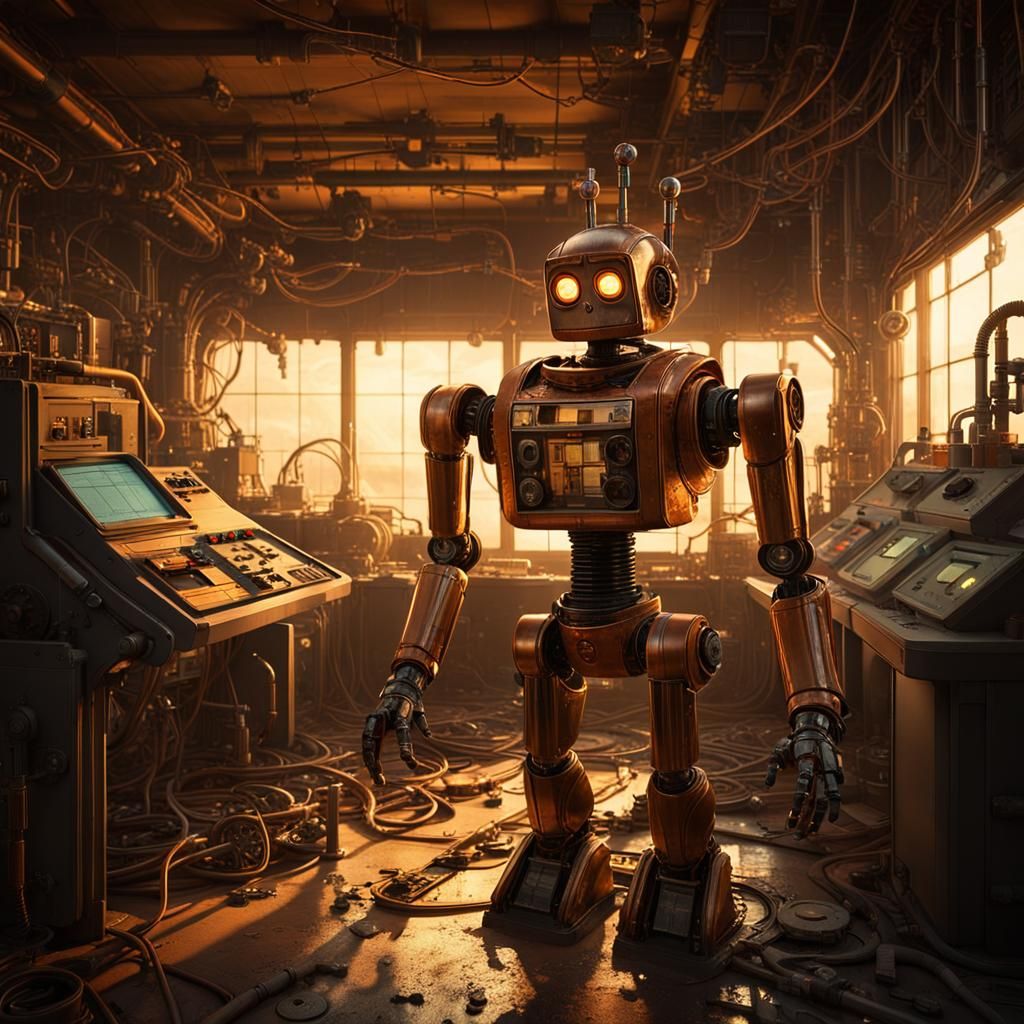 Retro-Futuristic Robot in Abandoned Lab
