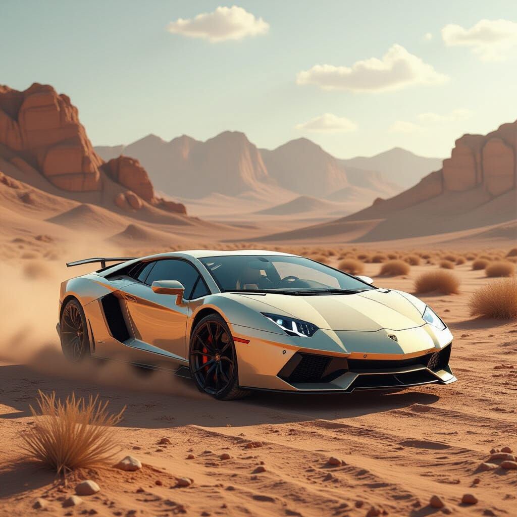 Lamborghini in Desert Landscape with Photorealistic Style