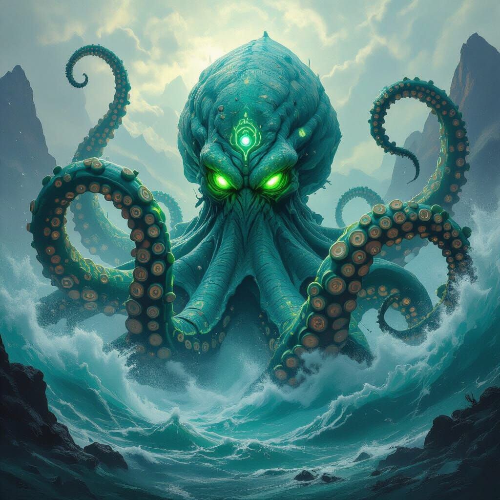 Kraken Emerges from Maelstrom with Glowing Symbols