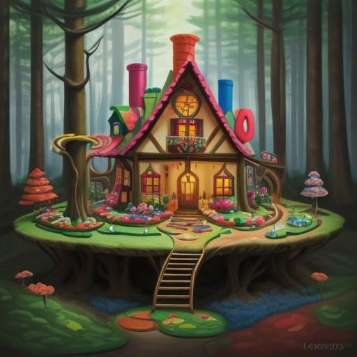 Candy House in Forest, Gouache Wonderland