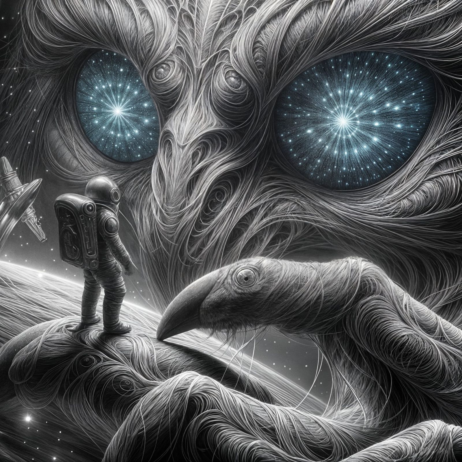 Cosmic Being Meets Human Explorer in Monochrome