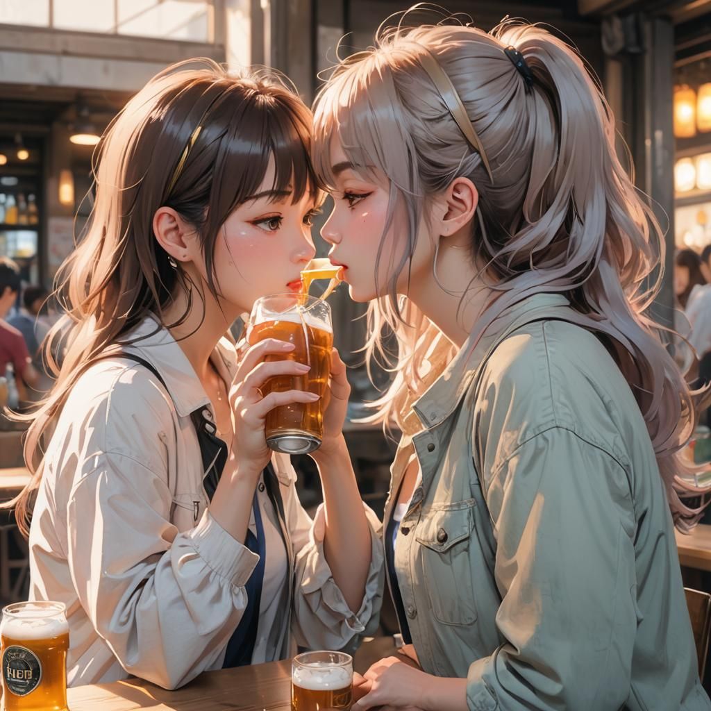 Romantic Anime Girls Kissing in Pastel Colors