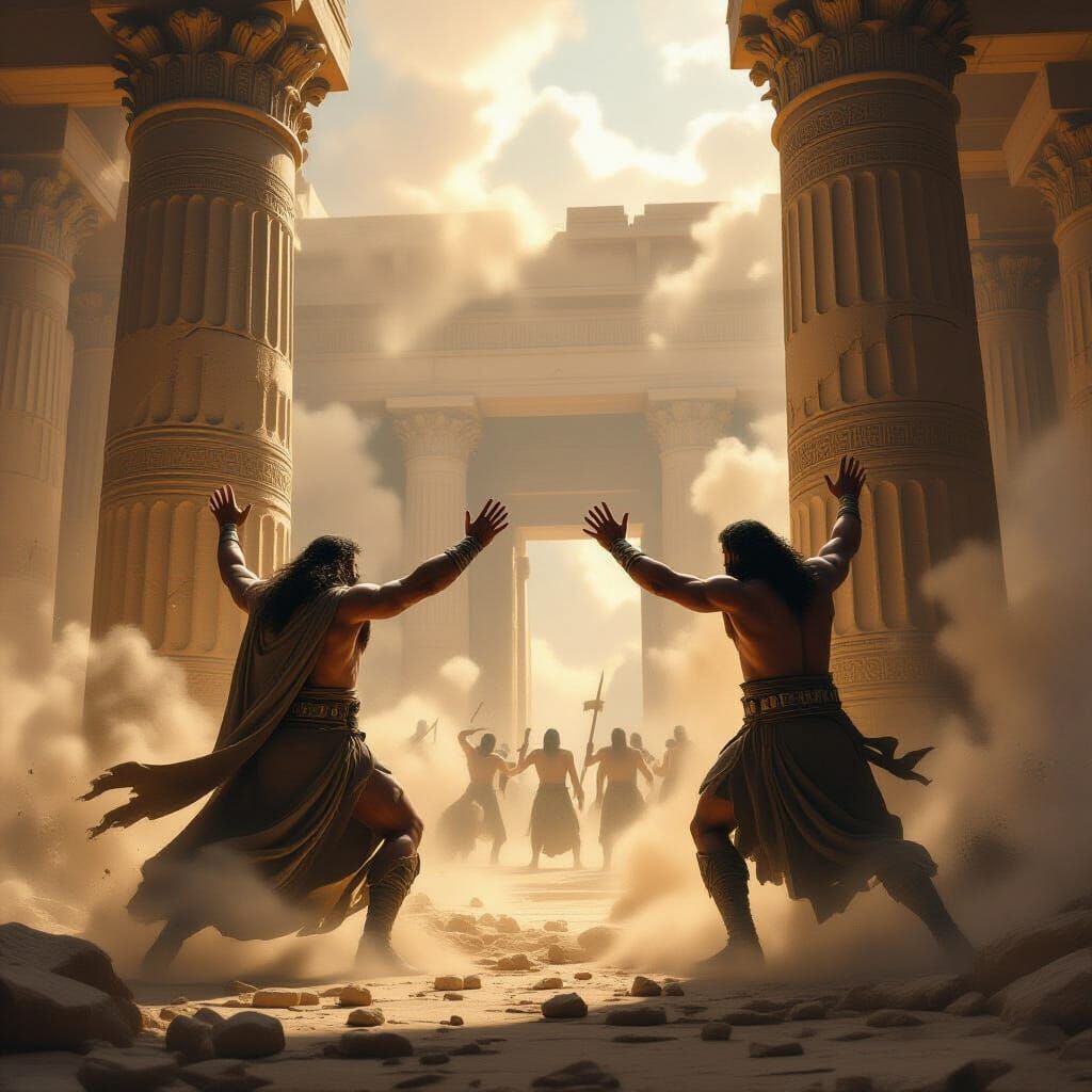 Samson Collapses Temple in Hyper-Realistic Style