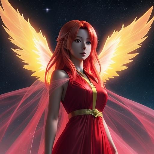 Glowing Red-Haired Angel with Cosmic Energy