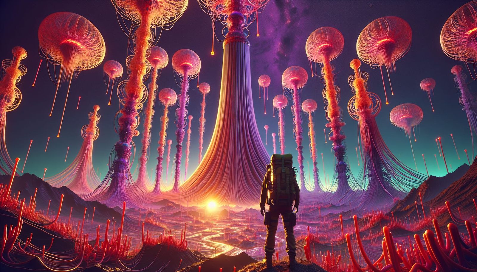 Explorer Watching Mirrored Cones Exchange Lava Streams