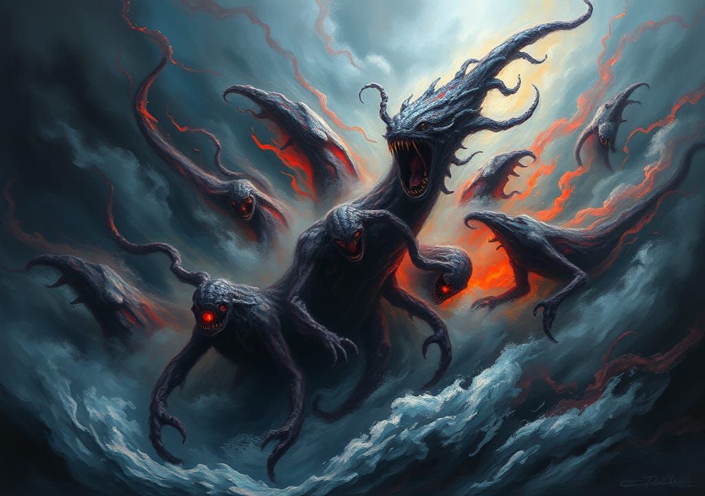 Chaotic Energy Swirls with Nightmarish Creatures