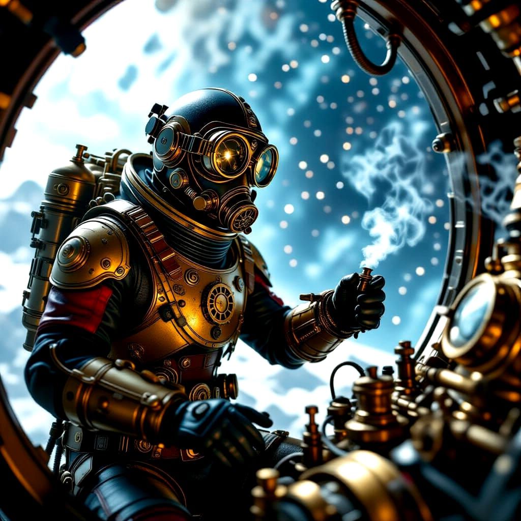 Steampunk Astronaut Repairs Spacecraft in Starry Sky