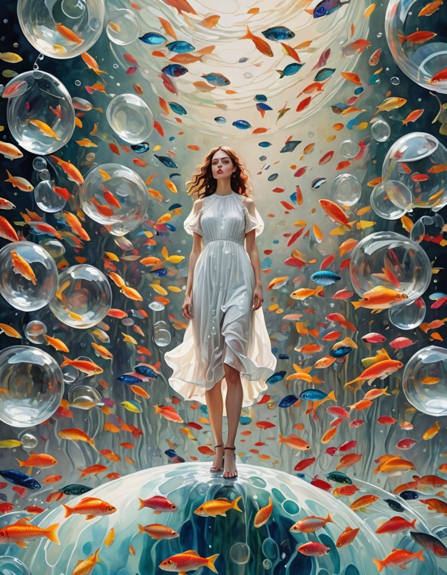 Woman on Water Bubble with Fish, Fantasy Impressionism